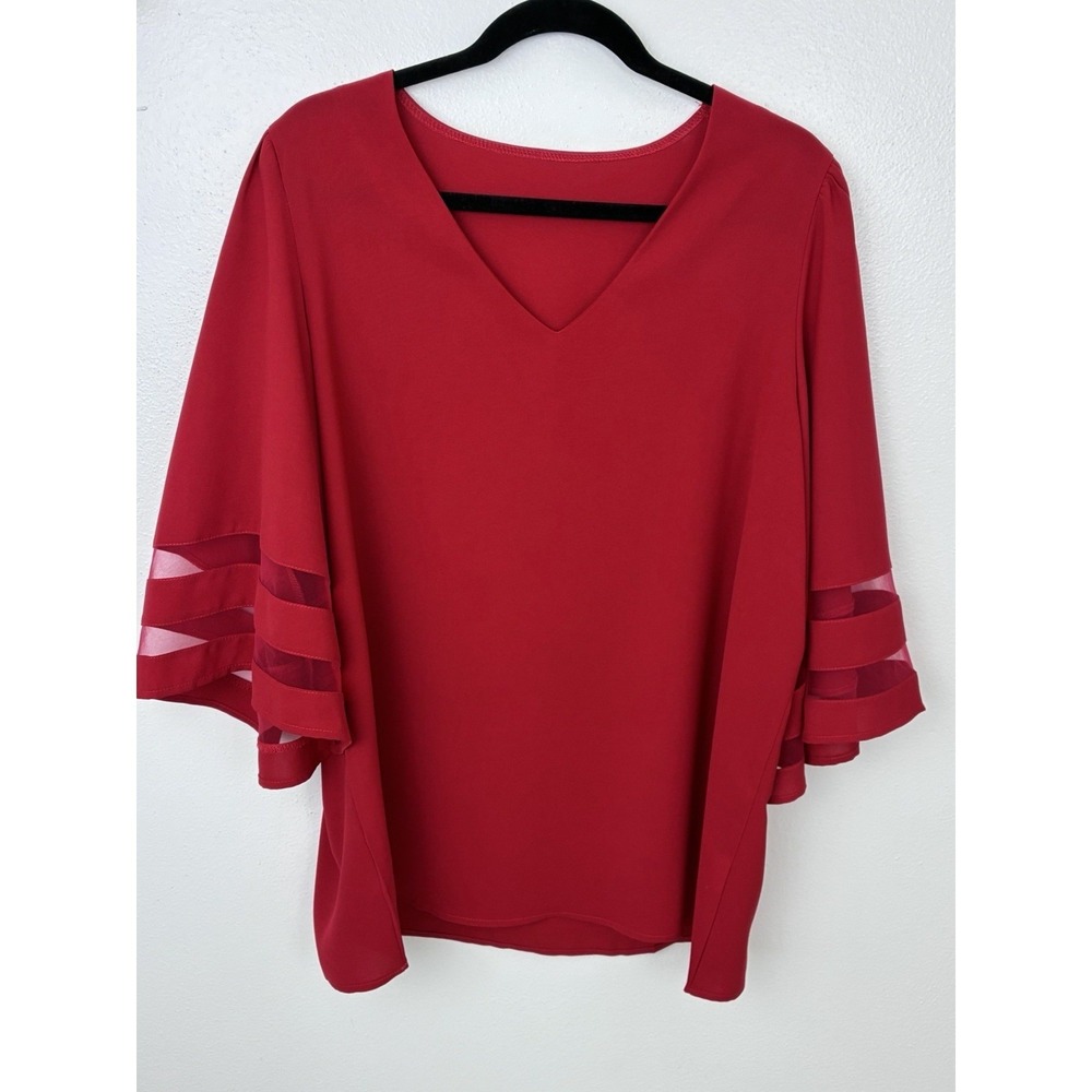 Tunic Red V-Neck Mesh Striped Bell Sleeve Blouse Size XL